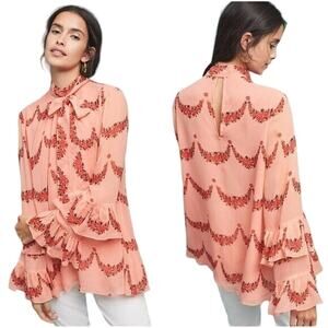 Nikasha Anthropologie Bishop Blouse Peach Pink ruffle sleeve size Medium